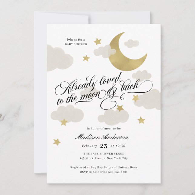 Loved to the Moon and Back Baby shower Gold Stars (Devant)