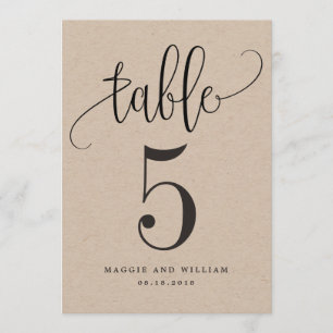 Lovely Calligraphie Numéro de table Carte Kraft
