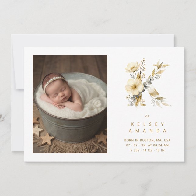 Lovely Gold K Initial with Romantic Floral Design (Devant)