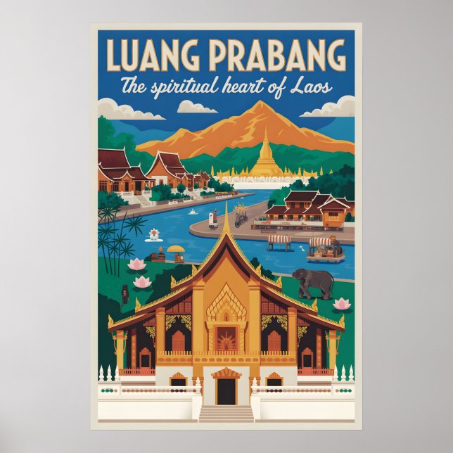 Luang Prabang Laos Affiche de Voyage Rétro Art (Devant)