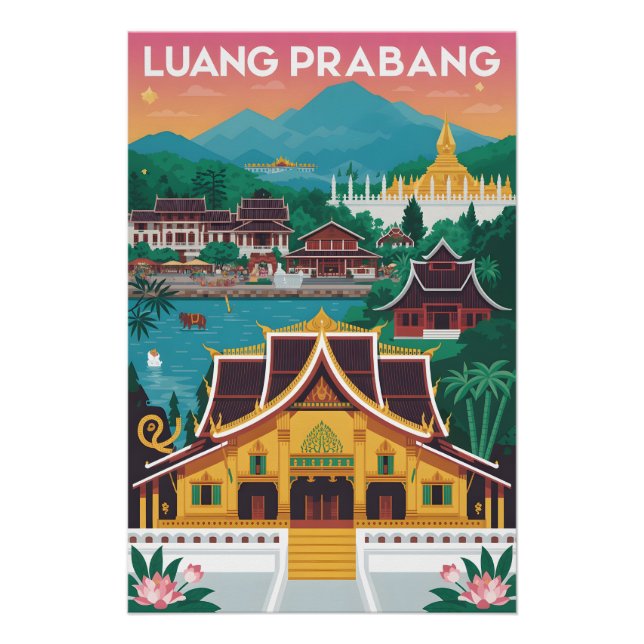 Luang Prabang Laos Affiche de Voyage Rétro Art (Devant)