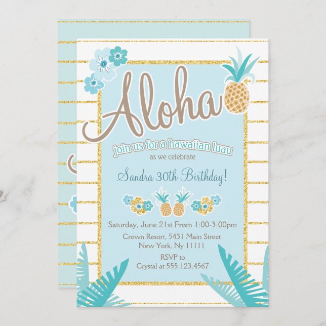 Luau, Hawaiian Pineapple Party Invitations (Devant / Derrière)