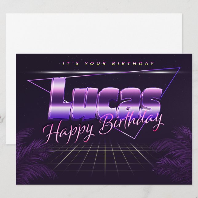 Lucas Prénom lila retro Carte Anniversaire (Devant / Derrière)