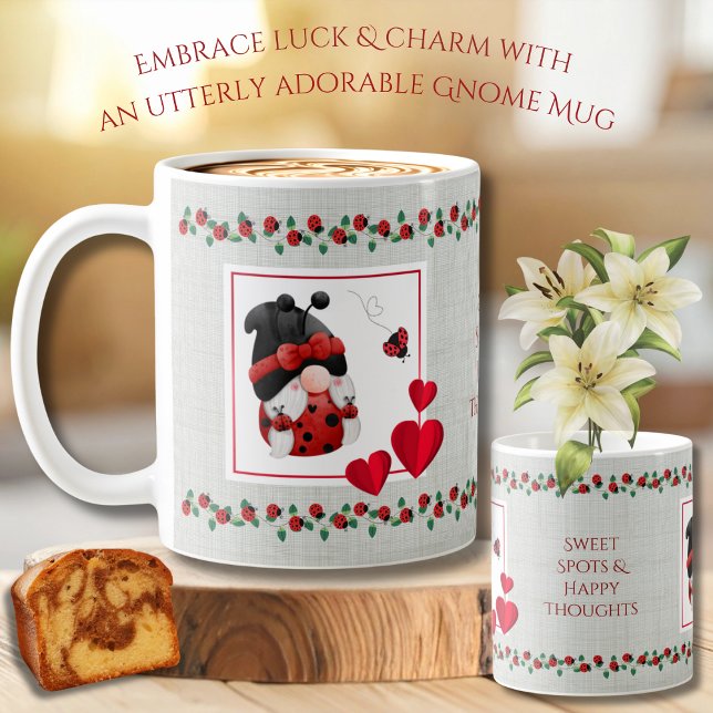 Lucky Ladybug Gnome Cottagecore Mug (This cheerful mug is designed to bring a smile to your face and a spot of good luck to your day)