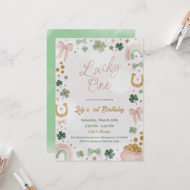 Lucky One 1st Birthday Invitation (Devant/Arrière en situation)