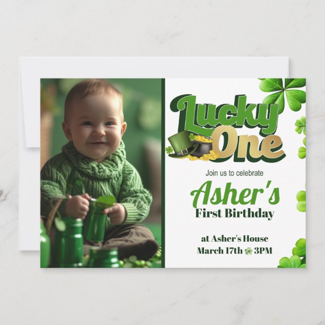 Lucky One 1st Birthday Invitation avec photo (Devant)