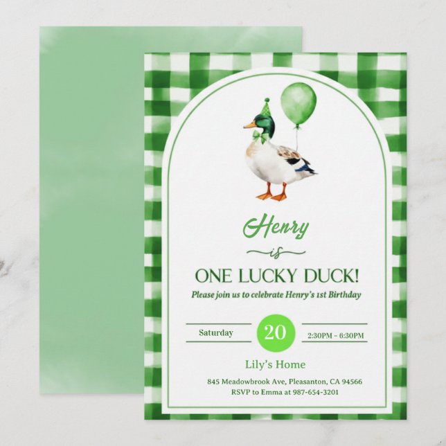 Lucky One 1st Birthday Invitation Duck & Shamrock (Devant / Derrière)