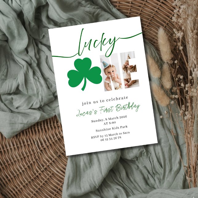 Lucky One First Birthday Photo Clover Invitation (Créateur téléchargé)