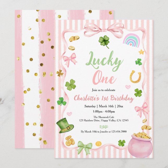 Lucky One Girl 1st Birthday Invitation Pink Gold (Devant / Derrière)