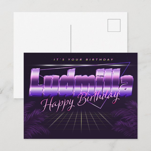 Ludmilla prénom carte postale violette anniversair (Devant / Derrière)