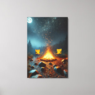 Lueur de feu de camp au clair de lune sur toile