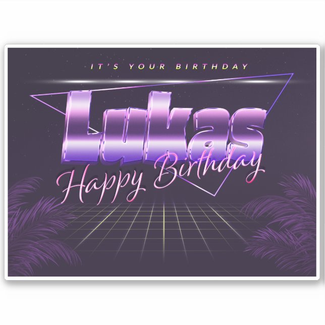 Lukas prénom sticker rétro lilas anniversaire (Devant)