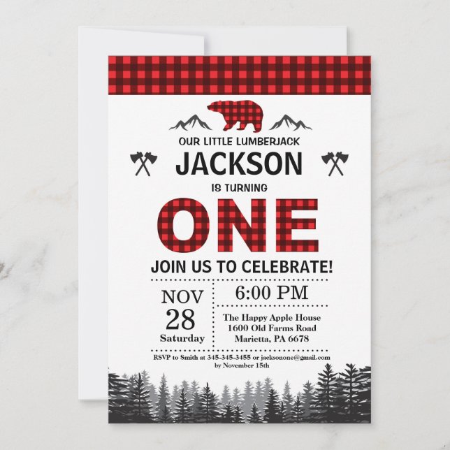Lumberjack 1er anniversaire Invitation Ours Woodla (Devant)