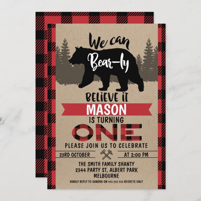Lumberjack Bear ly Believe 1st Birthday Invitation (Devant / Derrière)