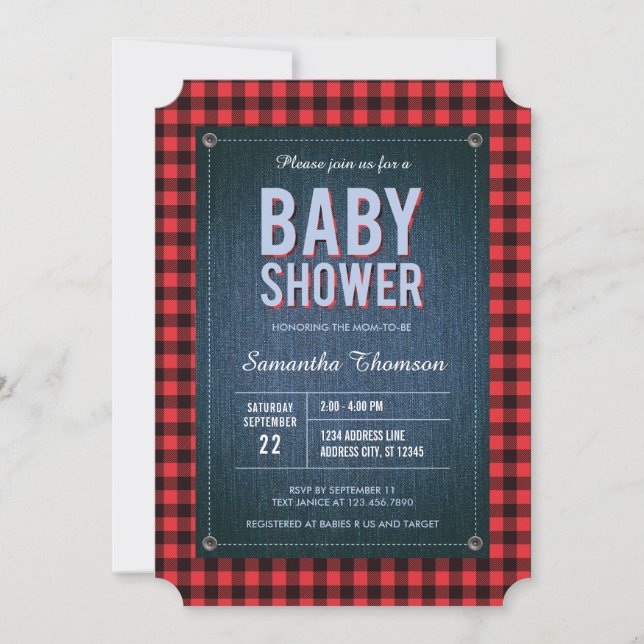Lumberjack Plaid et Jean Baby shower Invitation (Devant)