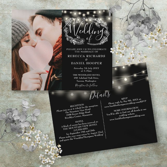 Lumières de Budget de Chaîne Photo Détails de Mari (Budget String Lights Photo Wedding Details Invite)