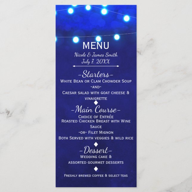 Lumières de chaîne bleues rustiques Menu de mariag (Devant)