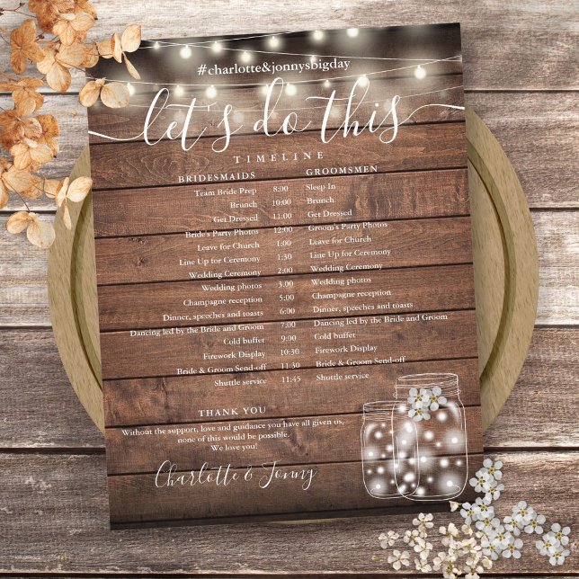 Lumières de Chaîne en Bois Rustique Programme de M (Rustic Wood String Lights Wedding Program Timeline)