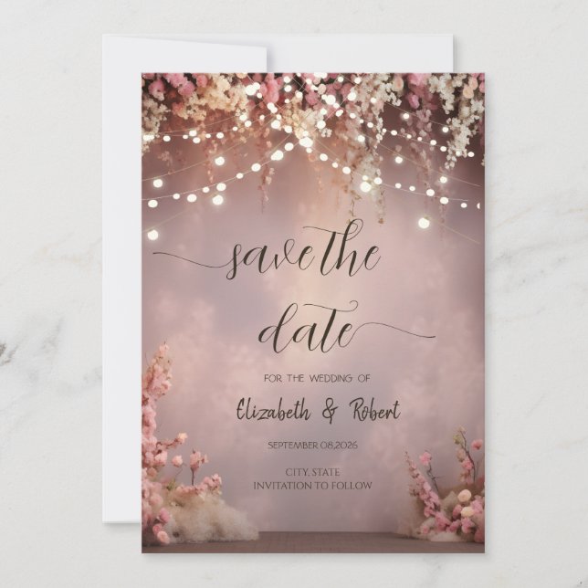 Lumières de fleurs rose Save The Date (Devant)
