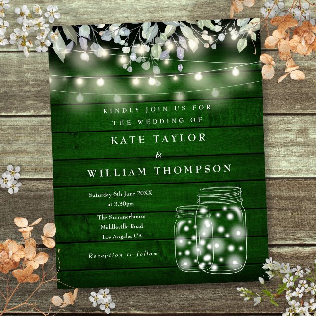 Lumières de noce en bois vert pas chères Invitatio (Budget Green Wood String Lights Wedding Invite)