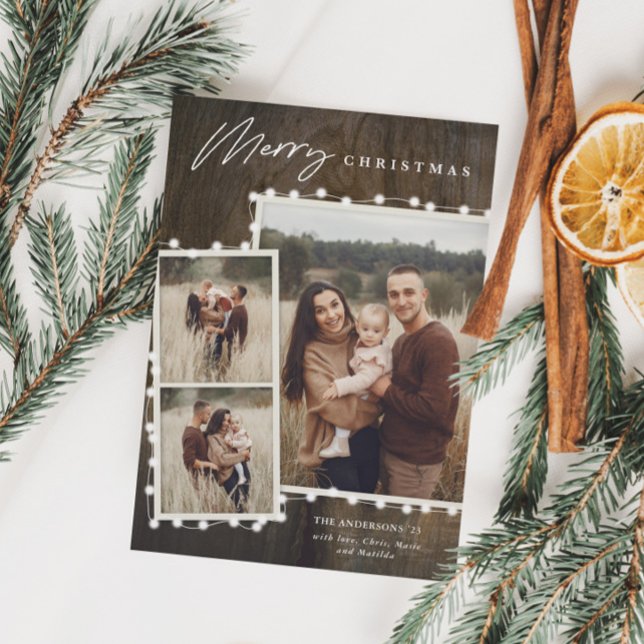 Lumières de Noël rustiques 3 Photo Collage Holiday (Rustic Christmas Fairy Lights 3 Photo Collage Holiday Card with Wood Background)