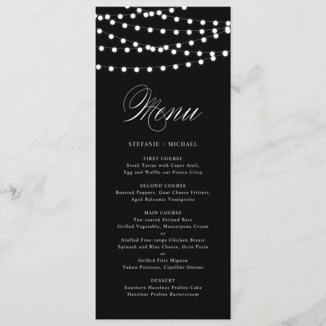 Lumières Fée Blanche | Carte de menu Mariage noir (Devant)