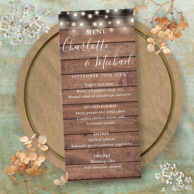Lumières Guirlande Menu Mariage Bois Rustique (String Lights Rustic Wood Wedding Menu)