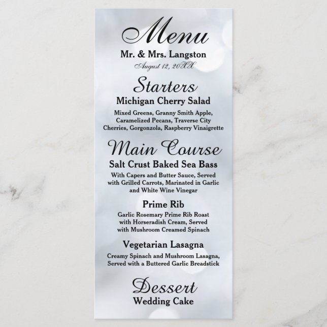 Lumières Menu Réception Paillettes Argent Blanc (Devant)
