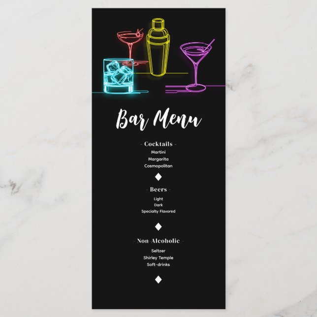 Lumières néon Cocktails Bar à boissons ouvert Menu (Devant)