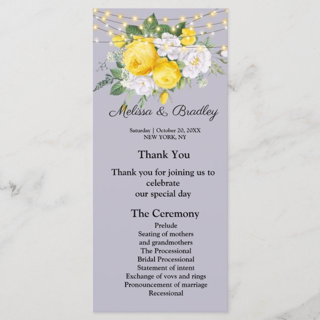 Lumières rustiques Menu Fleurs Jaunes.Programme de (Devant)