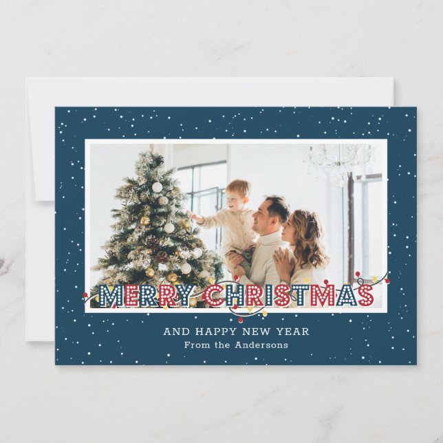 Luminaires à neige rouges et bleus Cartes de Noël (Devant)