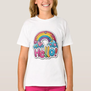 Lumineux et enjoué "Bonjour !" T-shirt arc-en-ciel