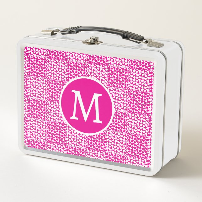Lunch Box à damiers Amour en Magenta et Monogramme blanc (Devant)