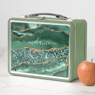 Lunch Box Agate Green Gold Nom personnalisé Boîte à lunch en