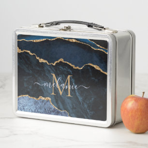 Lunch Box Agate Navy Blue Gold Nom Lettre métal Boîte à lunc