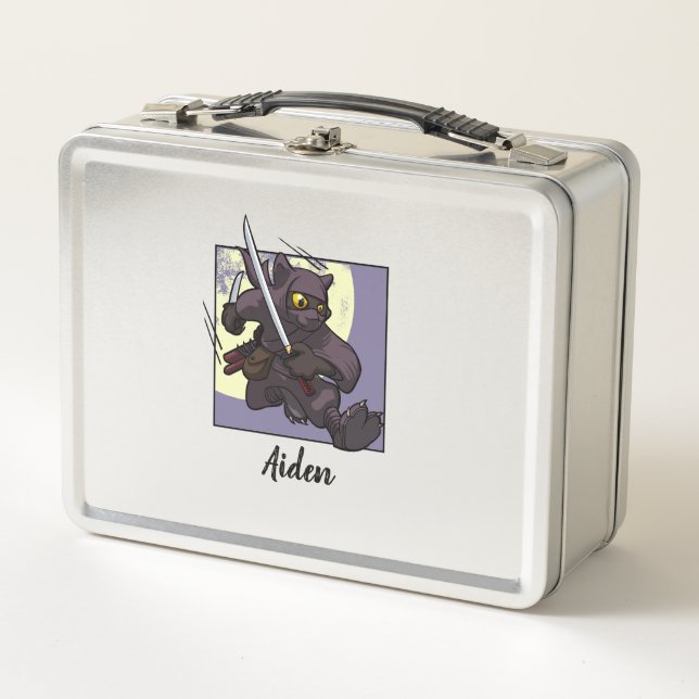 Lunch Box Ajouter Le Nom Black Cat Ninja Flying Kick Cartoon (Devant)