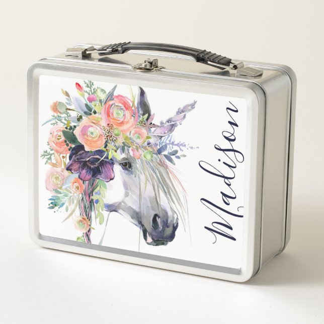 Lunch Box Ajoutez votre licorne habillée | florale nommée (Devant)