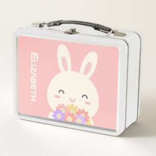 Lunch Box Ajoutez votre nom   Petit lapin et fleurs doux ros