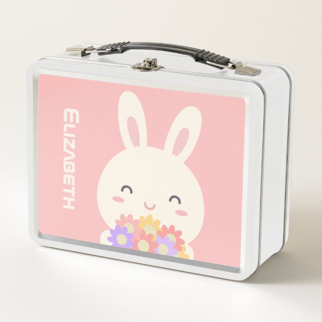 Lunch Box Ajoutez votre nom | Petit lapin et fleurs doux ros (Devant)