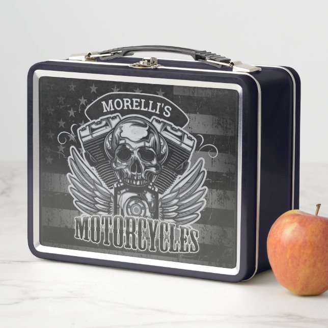 Lunch Box American Biker AJOUTER LE NOM Skull V-Twin Motos (En situation)