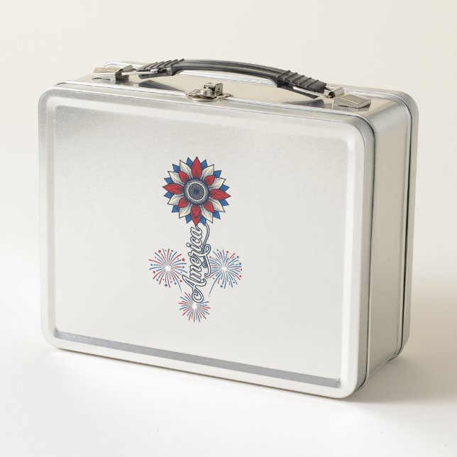 Lunch Box Amérique Patriotique Fleurs Feu d'Artifice Design  (Devant)