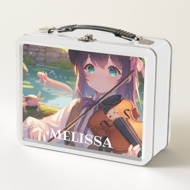 Lunch Box Anime Girl Jouer le violon et les Axolotls (Devant)
