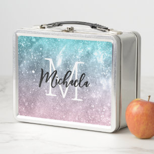 Lunch Box Aqua bleu Rose ombré galaxie de mer abstrait Monog