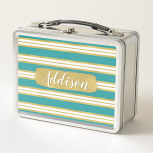 Lunch Box Aqua Blue Gold Stripe Motif Nom personnalisé