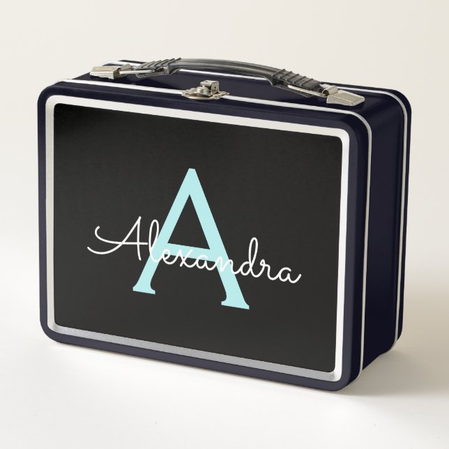 Lunch Box Aqua Teal Blue Script Girly Monogram (Devant)