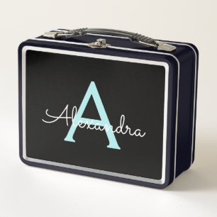 Lunch Box Aqua Turquoise Blue Script Girl Nom du monogramme
