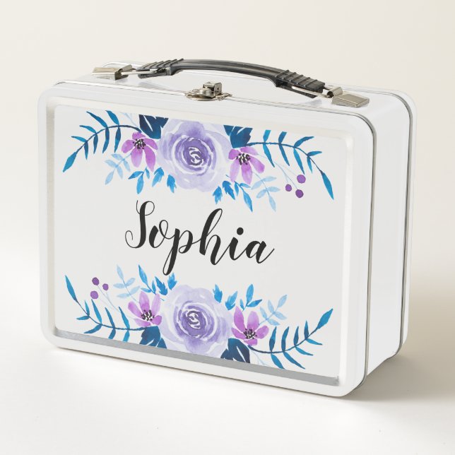 Lunch Box Aquarelle bleu pourpre Courbe florale Texte person (Devant)