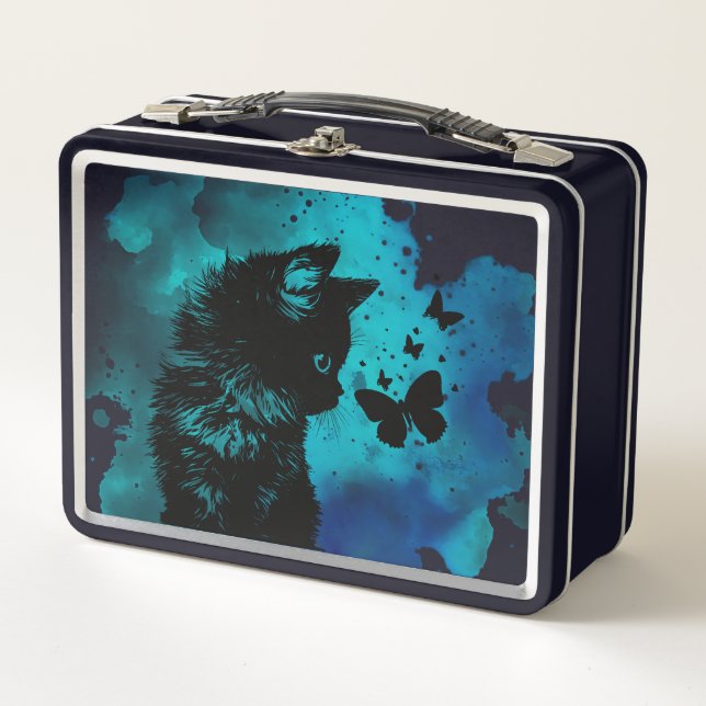 Lunch Box Aquarelle bleue Kitten avec Papillon (Devant)