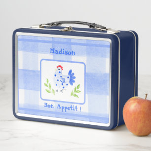 Lunch Box Aquarelle Blue Hen à carreaux Bon Appetit NOM