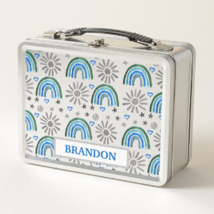 Lunch Box Aquarelle Boho Pastel Blue Nom du garçon Rainbow